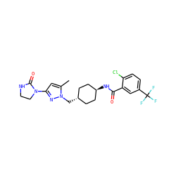 Cc1cc(N2CCNC2=O)nn1C[C@H]1CC[C@H](NC(=O)c2cc(C(F)(F)F)ccc2Cl)CC1 ZINC000261137779