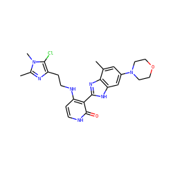 Cc1cc(N2CCOCC2)cc2[nH]c(-c3c(NCCc4nc(C)n(C)c4Cl)cc[nH]c3=O)nc12 ZINC000029040927