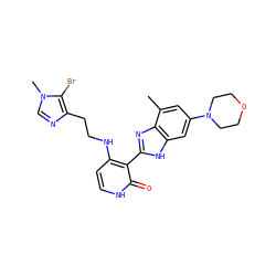 Cc1cc(N2CCOCC2)cc2[nH]c(-c3c(NCCc4ncn(C)c4Br)cc[nH]c3=O)nc12 ZINC000029040909