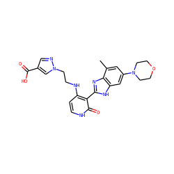 Cc1cc(N2CCOCC2)cc2[nH]c(-c3c(NCCn4cc(C(=O)O)cn4)cc[nH]c3=O)nc12 ZINC000049067219