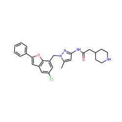 Cc1cc(NC(=O)CC2CCNCC2)nn1Cc1cc(Cl)cc2cc(-c3ccccc3)oc12 ZINC000073156846