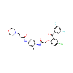 Cc1cc(NC(=O)CCN2CCOCC2)ccc1NC(=O)COc1ccc(Cl)cc1C(=O)c1cc(F)cc(F)c1 ZINC000028567539