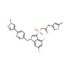 Cc1cc(NC(=O)CS(=O)(=O)c2cn(Cc3ccc(-c4cnn(C)c4)nc3)c3cc(F)cc(F)c23)no1 ZINC000299820992