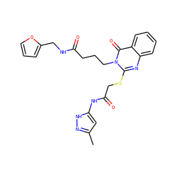 Cc1cc(NC(=O)CSc2nc3ccccc3c(=O)n2CCCC(=O)NCc2ccco2)[nH]n1 ZINC000005067710