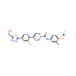 Cc1cc(NC(=O)N2CC=C(c3ncc(-c4nnc(CO)o4)cc3Cl)CC2)ccc1OC(F)(F)F ZINC001772613093