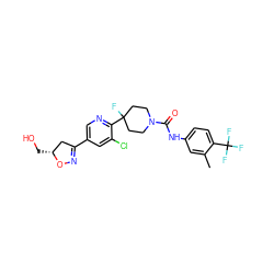 Cc1cc(NC(=O)N2CCC(F)(c3ncc(C4=NO[C@H](CO)C4)cc3Cl)CC2)ccc1C(F)(F)F ZINC001772638759