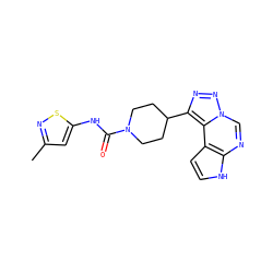 Cc1cc(NC(=O)N2CCC(c3nnn4cnc5[nH]ccc5c34)CC2)sn1 ZINC001772578734