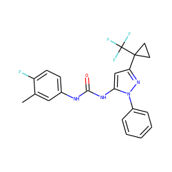 Cc1cc(NC(=O)Nc2cc(C3(C(F)(F)F)CC3)nn2-c2ccccc2)ccc1F ZINC000299820959