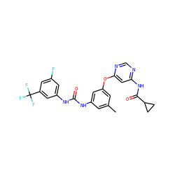 Cc1cc(NC(=O)Nc2cc(F)cc(C(F)(F)F)c2)cc(Oc2cc(NC(=O)C3CC3)ncn2)c1 ZINC001772635419