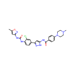 Cc1cc(NC(=O)Nc2ccc(-c3cc(NC(=O)c4ccc(N5CCN(C)CC5)cc4)[nH]n3)cc2Cl)no1 ZINC000096270661
