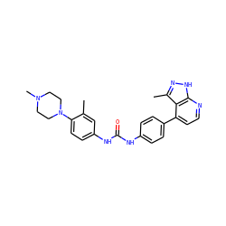 Cc1cc(NC(=O)Nc2ccc(-c3ccnc4[nH]nc(C)c34)cc2)ccc1N1CCN(C)CC1 ZINC001772590792