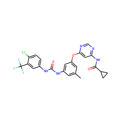 Cc1cc(NC(=O)Nc2ccc(Cl)c(C(F)(F)F)c2)cc(Oc2cc(NC(=O)C3CC3)ncn2)c1 ZINC001772631570