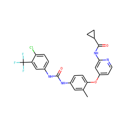 Cc1cc(NC(=O)Nc2ccc(Cl)c(C(F)(F)F)c2)ccc1Oc1ccnc(NC(=O)C2CC2)c1 ZINC001772648952