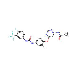 Cc1cc(NC(=O)Nc2ccc(F)c(C(F)(F)F)c2)ccc1Oc1cc(NC(=O)C2CC2)ncn1 ZINC001772639386