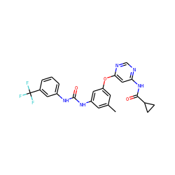 Cc1cc(NC(=O)Nc2cccc(C(F)(F)F)c2)cc(Oc2cc(NC(=O)C3CC3)ncn2)c1 ZINC001772621126