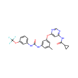 Cc1cc(NC(=O)Nc2cccc(OC(F)(F)F)c2)cc(Oc2cc(NC(=O)C3CC3)ncn2)c1 ZINC001772573192