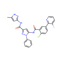 Cc1cc(NC(=O)c2cc(NC(=O)c3cc(-c4ncccc4F)ccc3Cl)n(-c3ccccc3)n2)n[nH]1 ZINC001772589201
