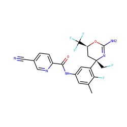 Cc1cc(NC(=O)c2ccc(C#N)cn2)cc([C@]2(CF)C[C@@H](C(F)(F)F)OC(N)=N2)c1F ZINC000223564027