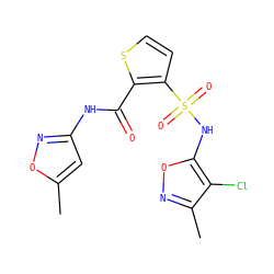 Cc1cc(NC(=O)c2sccc2S(=O)(=O)Nc2onc(C)c2Cl)no1 ZINC000013815726