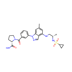 Cc1cc(NC[C@H](C)NS(=O)(=O)C2CC2)c2cnn(-c3cccc(C(=O)N4CCC[C@H]4C(N)=O)c3)c2c1 ZINC000066066667