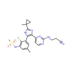 Cc1cc(NS(C)(=O)=O)c(Cl)c(-c2[nH]c(C3(C)CC3)nc2-c2ccnc(NCCC#N)n2)c1 ZINC000169694676