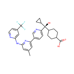 Cc1cc(Nc2cc(C(F)(F)F)ccn2)nc(-c2ccc([C@@](O)(C3CCC(C(=O)O)CC3)C3CC3)nc2)c1 ZINC000205420892