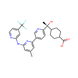 Cc1cc(Nc2cc(C(F)(F)F)ccn2)nc(-c2ccc([C@](C)(O)C3CCC(C(=O)O)CC3)nc2)c1 ZINC000205623144