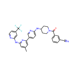 Cc1cc(Nc2cc(C(F)(F)F)ccn2)nc(-c2ccc(NC3CCN(C(=O)c4cccc(C#N)c4)CC3)nc2)c1 ZINC001772608030