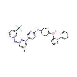 Cc1cc(Nc2cc(C(F)(F)F)ccn2)nc(-c2ccc(NC3CCN(C(=O)c4ccnn4-c4ccccc4)CC3)nc2)c1 ZINC001772632479