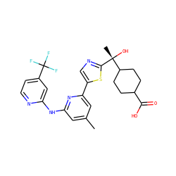 Cc1cc(Nc2cc(C(F)(F)F)ccn2)nc(-c2cnc([C@](C)(O)C3CCC(C(=O)O)CC3)s2)c1 ZINC000206875846