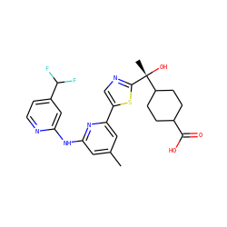 Cc1cc(Nc2cc(C(F)F)ccn2)nc(-c2cnc([C@](C)(O)C3CCC(C(=O)O)CC3)s2)c1 ZINC000223352352