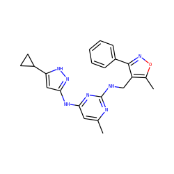Cc1cc(Nc2cc(C3CC3)[nH]n2)nc(NCc2c(-c3ccccc3)noc2C)n1 ZINC000203007974