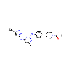 Cc1cc(Nc2cc(C3CC3)[nH]n2)nc(Nc2ccc(C3CCN(C(=O)OC(C)(C)C)CC3)cc2)n1 ZINC000203006216