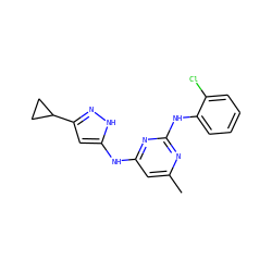 Cc1cc(Nc2cc(C3CC3)n[nH]2)nc(Nc2ccccc2Cl)n1 ZINC000038214425