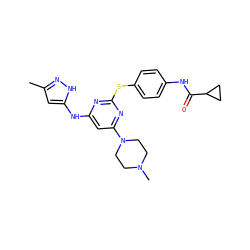 Cc1cc(Nc2cc(N3CCN(C)CC3)nc(Sc3ccc(NC(=O)C4CC4)cc3)n2)[nH]n1 ZINC000003820040