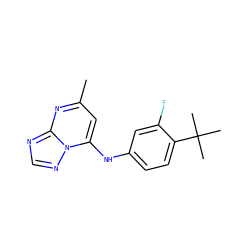 Cc1cc(Nc2ccc(C(C)(C)C)c(F)c2)n2ncnc2n1 ZINC000071296017
