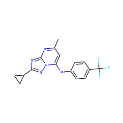 Cc1cc(Nc2ccc(C(F)(F)F)cc2)n2nc(C3CC3)nc2n1 ZINC000073313275