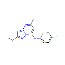 Cc1cc(Nc2ccc(Cl)cc2)n2nc(C(C)C)nc2n1 ZINC000073314551