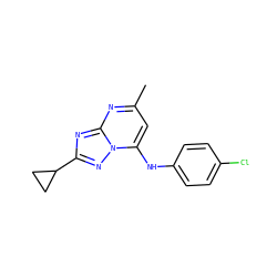 Cc1cc(Nc2ccc(Cl)cc2)n2nc(C3CC3)nc2n1 ZINC000073312595