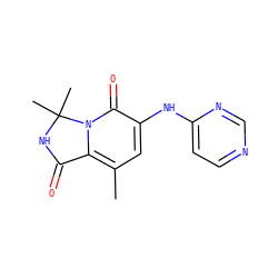 Cc1cc(Nc2ccncn2)c(=O)n2c1C(=O)NC2(C)C ZINC001772604894