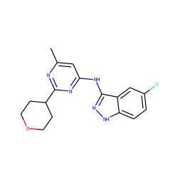 Cc1cc(Nc2n[nH]c3ccc(F)cc23)nc(C2CCOCC2)n1 ZINC000140820593