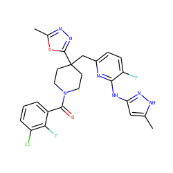 Cc1cc(Nc2nc(CC3(c4nnc(C)o4)CCN(C(=O)c4cccc(Cl)c4F)CC3)ccc2F)n[nH]1 ZINC000261126366