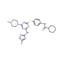 Cc1cc(Nc2nc(Sc3ccc(NC(=O)C4CCCCC4)cc3)nc(N3CCN(C)CC3)n2)n[nH]1 ZINC001772602159