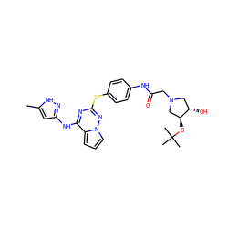 Cc1cc(Nc2nc(Sc3ccc(NC(=O)CN4C[C@H](O)[C@@H](OC(C)(C)C)C4)cc3)nn3cccc23)n[nH]1 ZINC000072184024