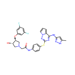 Cc1cc(Nc2nc(Sc3ccc(NC(=O)CN4C[C@H](O)[C@@H](Oc5cc(F)cc(F)c5)C4)cc3)nn3cccc23)n[nH]1 ZINC000072182076