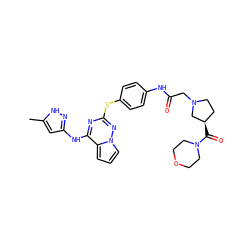 Cc1cc(Nc2nc(Sc3ccc(NC(=O)CN4CC[C@@H](C(=O)N5CCOCC5)C4)cc3)nn3cccc23)n[nH]1 ZINC000095553966
