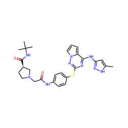 Cc1cc(Nc2nc(Sc3ccc(NC(=O)CN4CC[C@@H](C(=O)NC(C)(C)C)C4)cc3)nn3cccc23)n[nH]1 ZINC000095556085