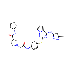 Cc1cc(Nc2nc(Sc3ccc(NC(=O)CN4CC[C@@H](C(=O)NC5CCCC5)C4)cc3)nn3cccc23)n[nH]1 ZINC000095556746