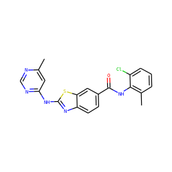 Cc1cc(Nc2nc3ccc(C(=O)Nc4c(C)cccc4Cl)cc3s2)ncn1 ZINC000013536623