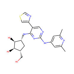 Cc1cc(Nc2ncc(-c3cscn3)c(N[C@@H]3C[C@H](CO)[C@@H](O)[C@H]3O)n2)cc(C)n1 ZINC000473110437